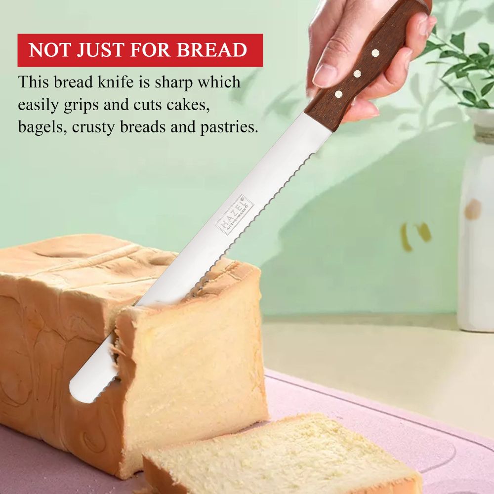 HAZEL Bread Knife For Cutting | 14 Inch Wide Tooth Serrated Bread Cutting Knife with Wooden Handle | Stainless Steel Cake Cutter Slicer Tool | Wide Tooth Bread Knife