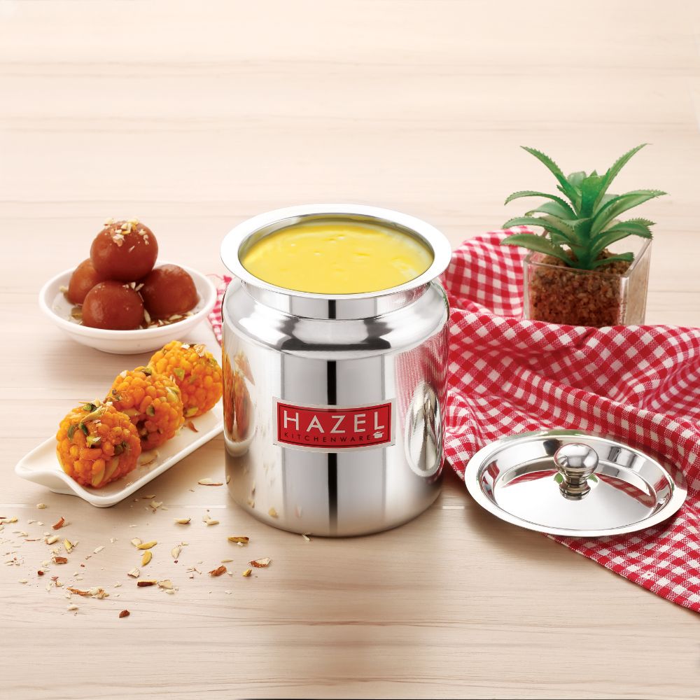 HAZEL Stainless Steel Oil / Ghee Storage Container, 400 ml, Silver