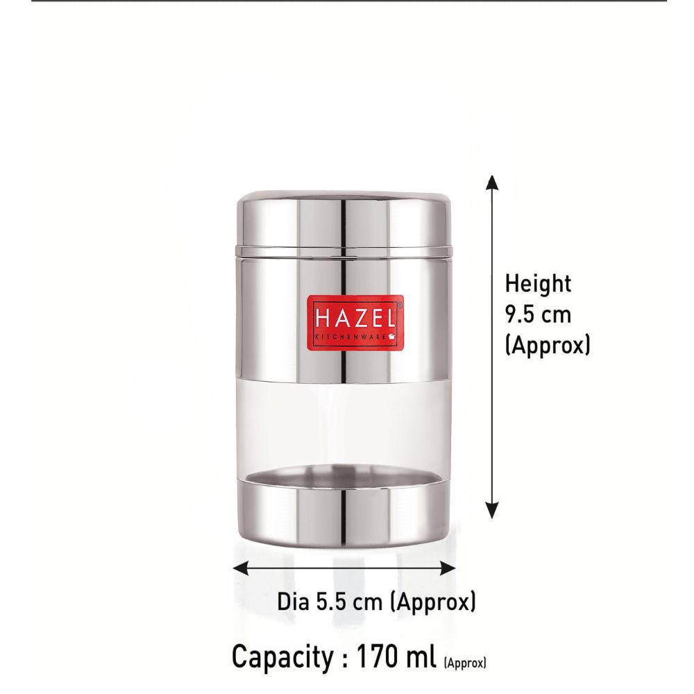 HAZEL Stainless Steel Mukhwas Container | See Through Small Container for Kitchen Storage Set | Transparent Airtight Jar For Modular Kitchen, 170 ML
