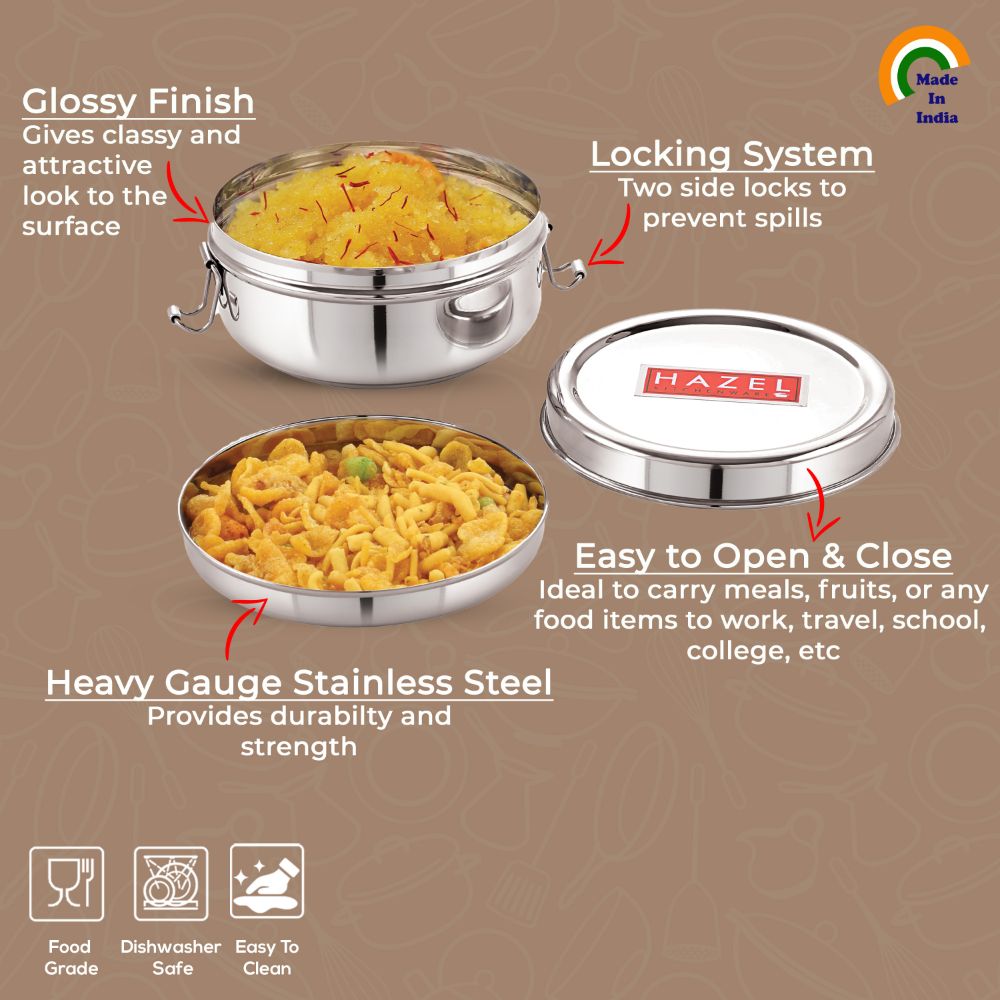 HAZEL Stainless Steel Traditional Design Tiffin Lunch Container with Locking Clip, 500 ML