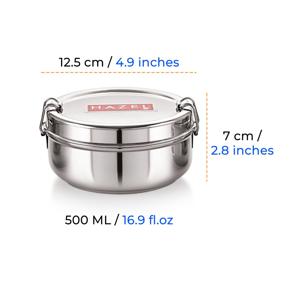 HAZEL Stainless Steel Traditional Design Tiffin Lunch Container with Locking Clip, 500 ML