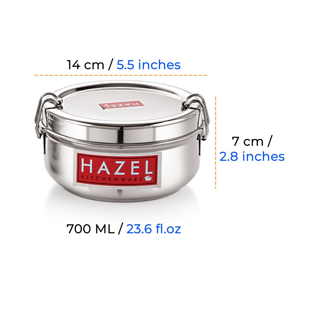 HAZEL Stainless Steel Traditional Design Tiffin Lunch Container with Locking Clip, 700 ML