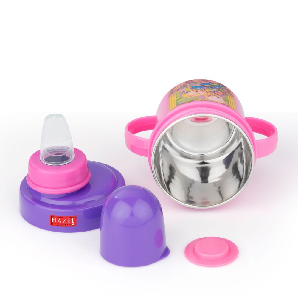 HAZEL Leak Proof Inner Stainless Steel Water Bottle For Kids | Air Tight Bottle For Kids | Small Kids Food Grade Sipper Bottle with Multi Layered Lid, 240 ML, Purple and Pink