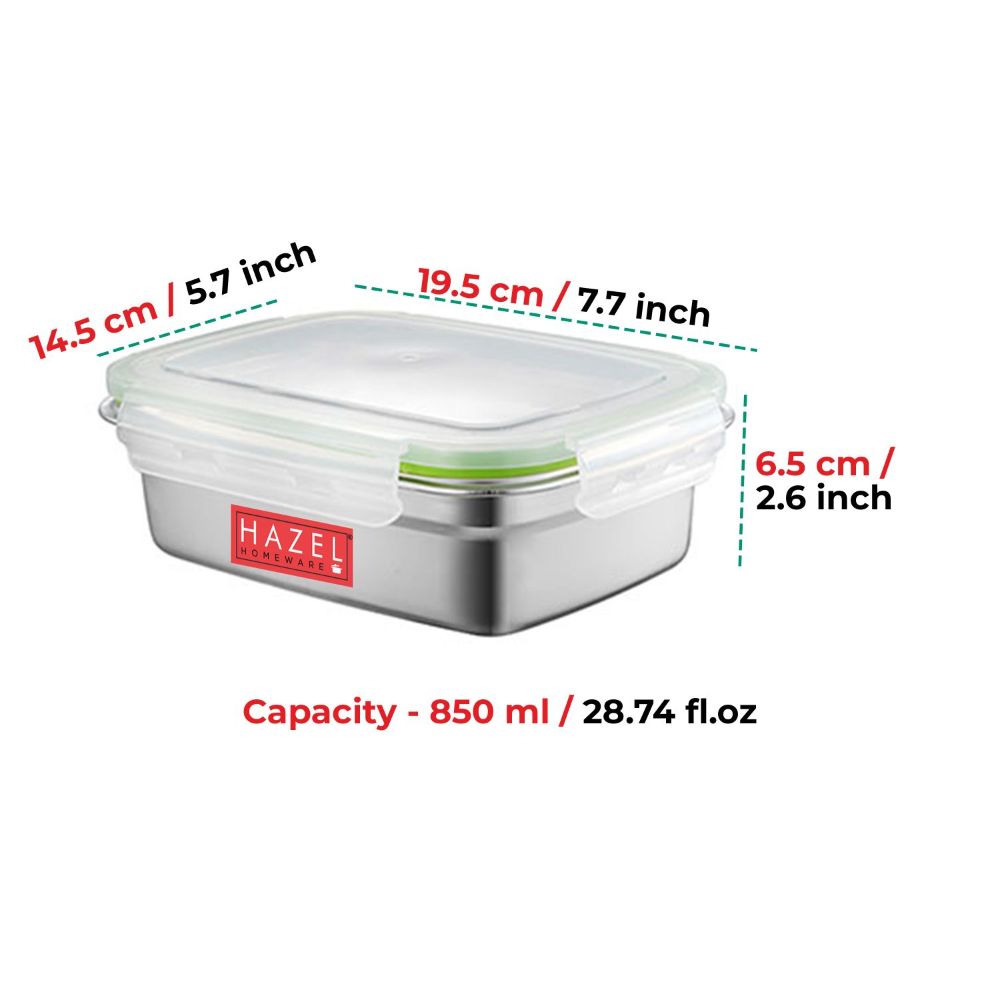 HAZEL Stainless Steel Lunch Box | Microwave Safe Containers | Airtight Container Leak Proof Tiffin Box | Rectangle Food Storage Container For Kitchen Airtight Dabba, 850 ML, Silver