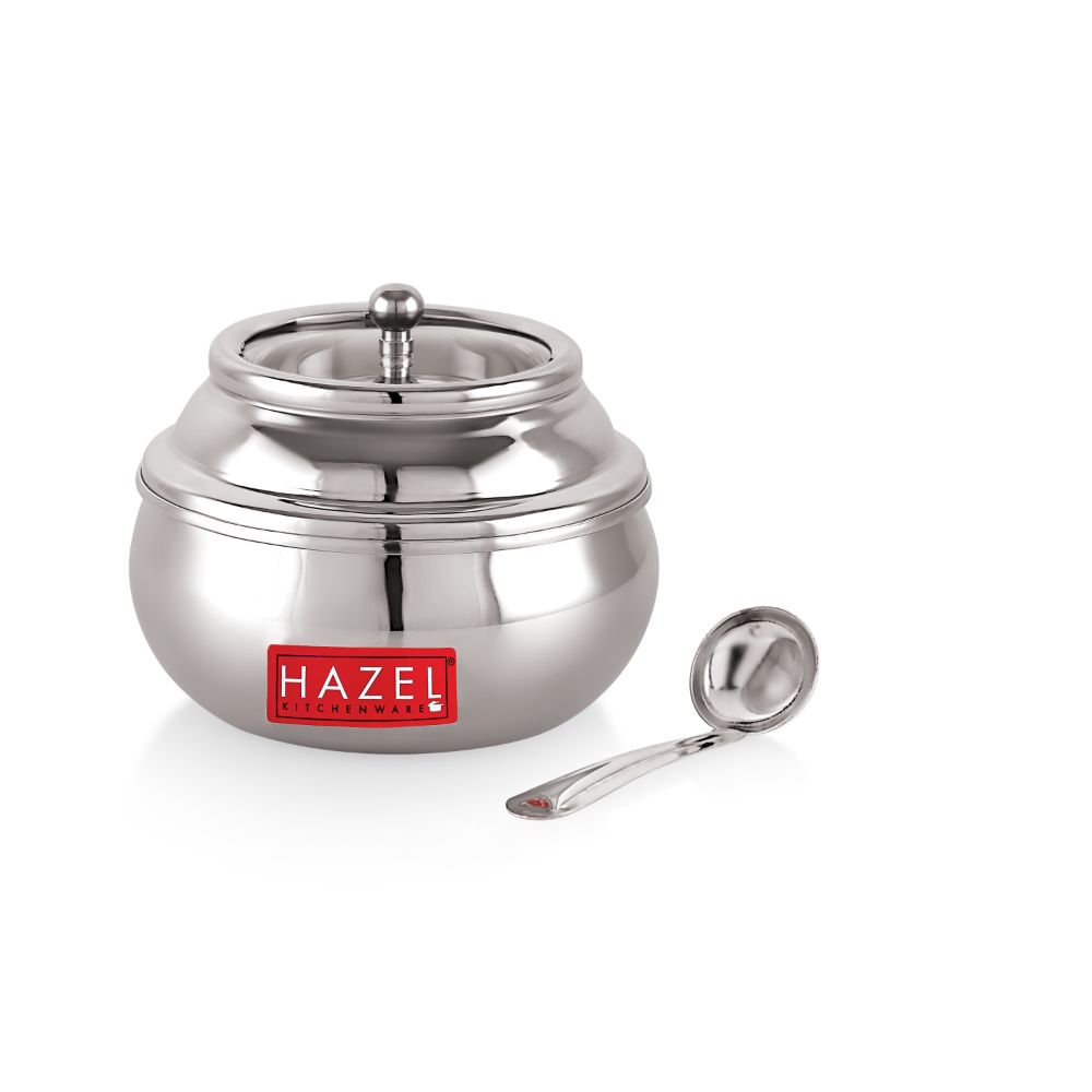 HAZEL Stainless Steel Ghee Pot with Spoon & See Through Lid | Oil Containers for Kitchen | Ghee Storage Container with Glossy Finish, 200 ML