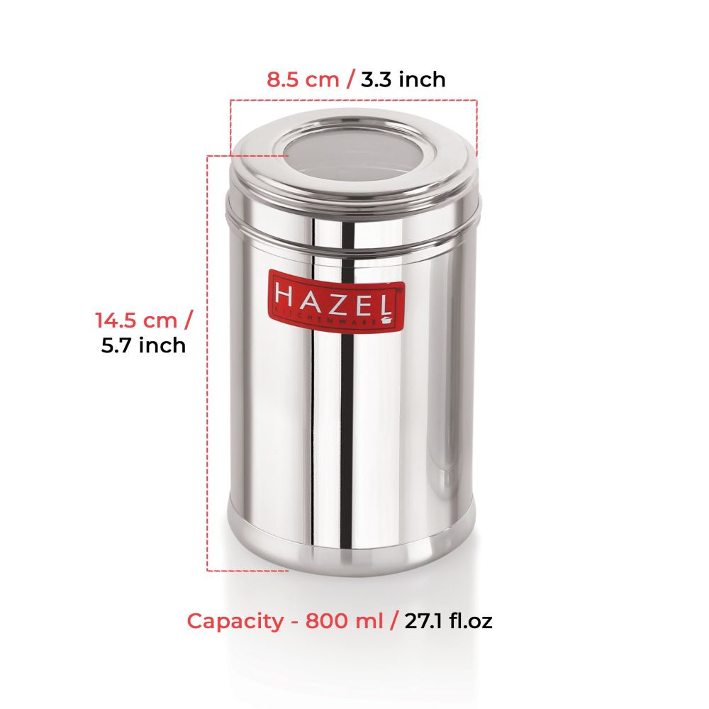 HAZEL Stainless Steel Kitchen Container with Transparent Lid | Top See Through Kitchen Container Set with Matt Finish | Multipurpose Container for Kitchen Storage, 800 ML