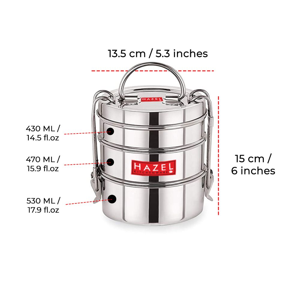 HAZEL Traditional Design Stainless Steel 3 Containers with Locking Clip Tiffin Dabba, Silver