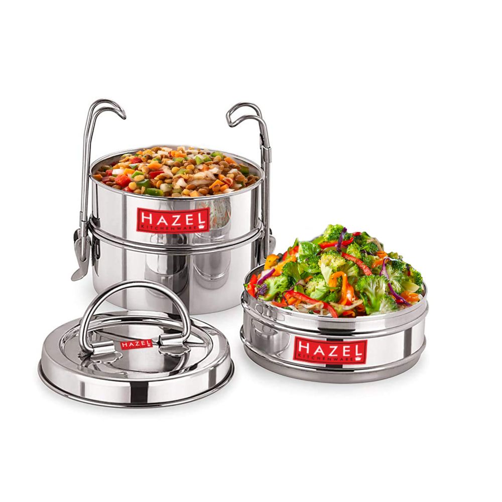 HAZEL Traditional Design Stainless Steel 3 Containers with Locking Clip Tiffin Dabba, Silver