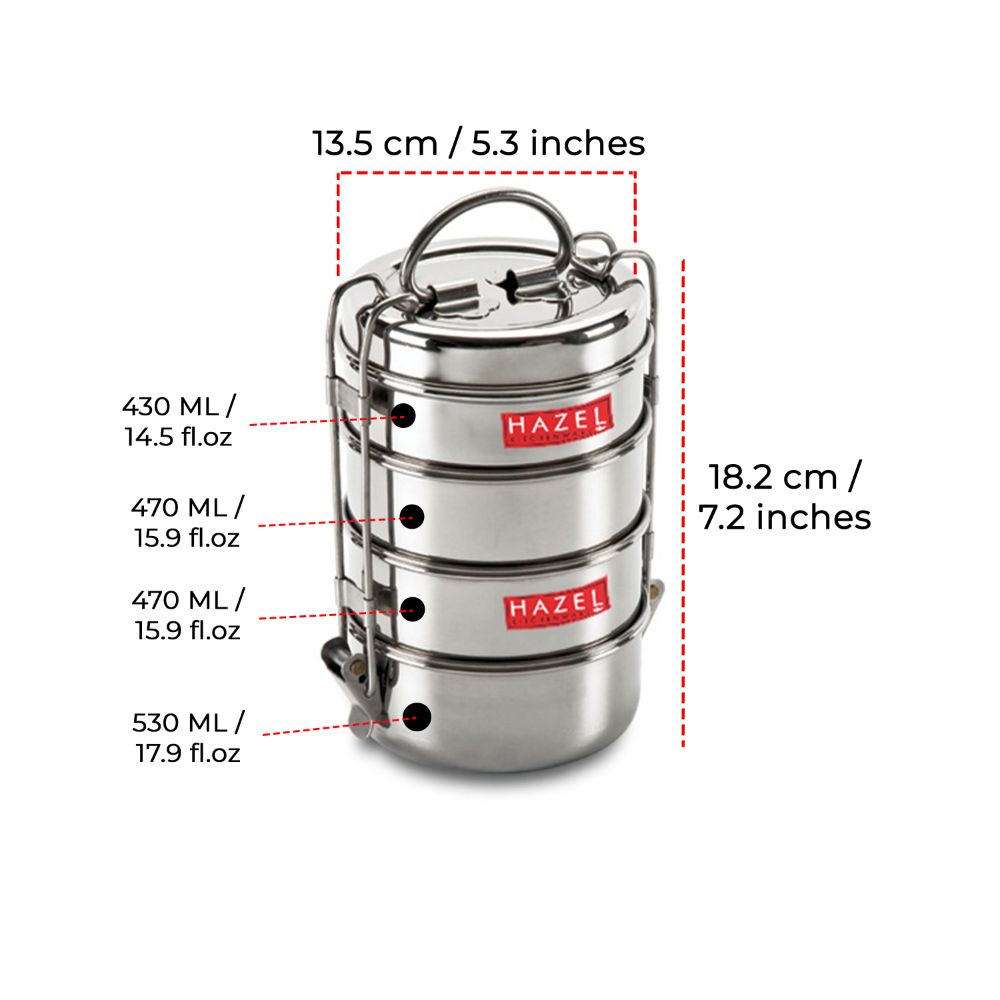 HAZEL Traditional Design Stainless Steel 4 Containers with Locking Clip Tiffin Dabba, Silver