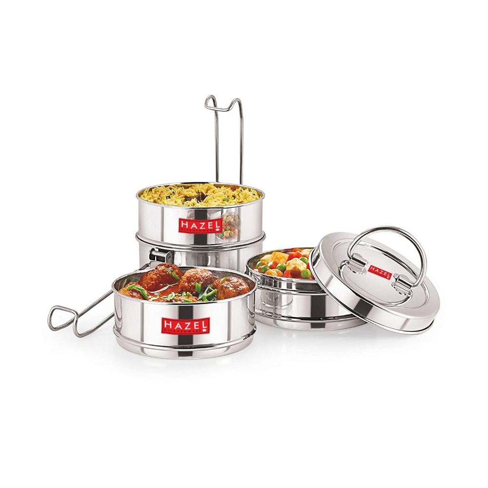 HAZEL Traditional Design Stainless Steel 4 Containers with Locking Clip Tiffin Dabba, Silver