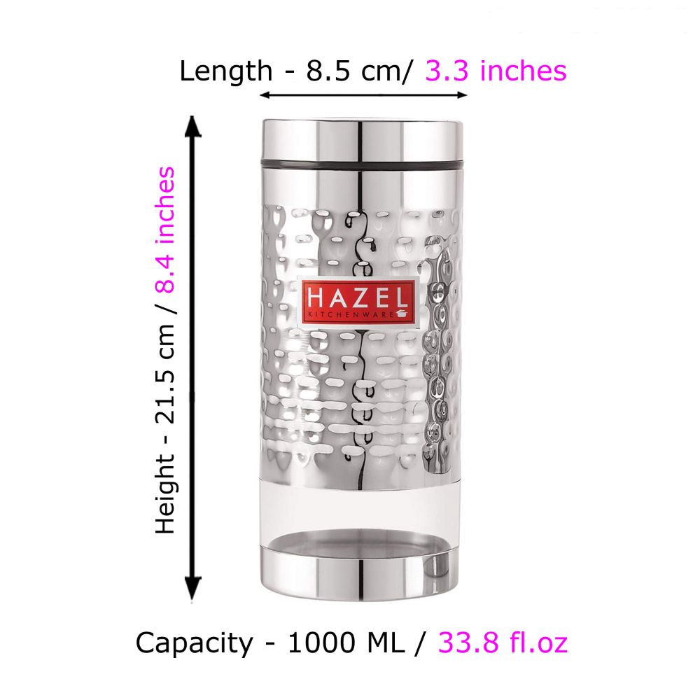HAZEL Stainless Steel Hammered Finish Transparent Glossy See Through Container, 1000 ML, Silver