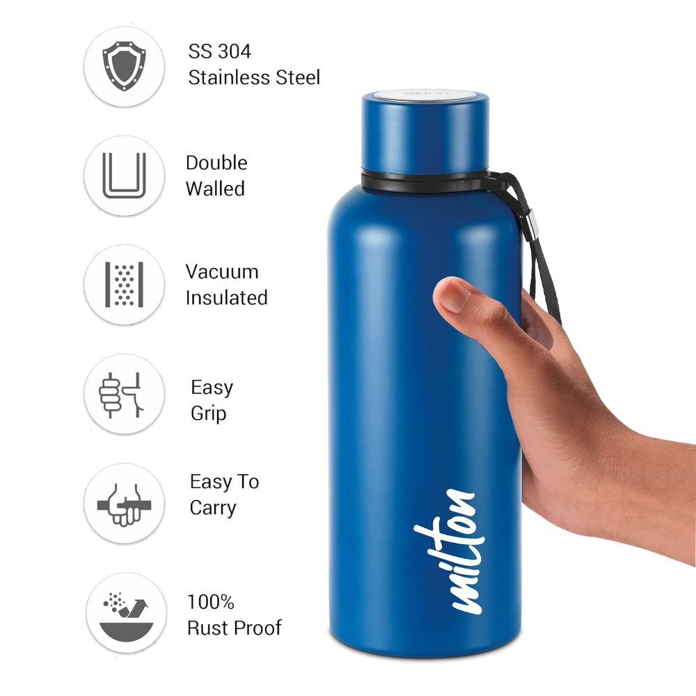 Milton Aura 750 Thermosteel Bottle, 750 ml, Dark Blue | 24 Hours Hot and Cold | Easy to Carry | Rust & Leak Proof | Tea | Coffee | Office| Gym | Home | Kitchen | Hiking | Trekking | Travel Bottle