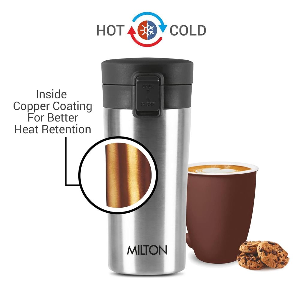 Milton Coffee Mug Thermosteel Hot or Cold Insulated Flask, 300 ml, Silver | Leak Proof | Rust Proof | Tea Mug | Soup Flask | Juice Mug | Water Flask | Easy Grip | Easy to Carry