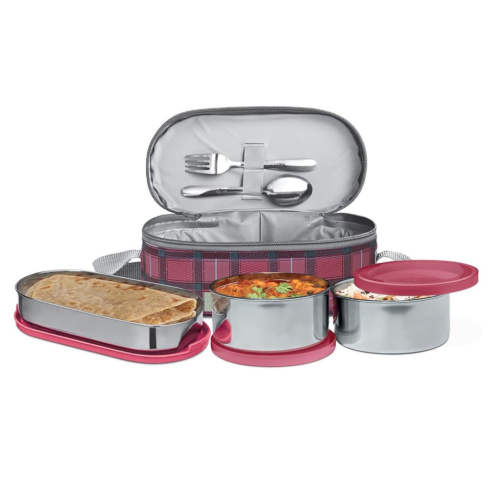 Milton Corporate Lunch 3 Stainless Steel Container Lunch Box with Bag, Pink, 500 & 280 ml