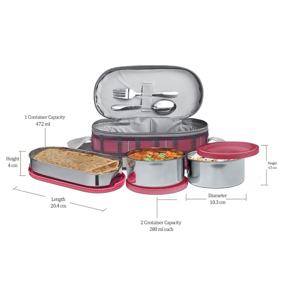 Milton Corporate Lunch 3 Stainless Steel Container Lunch Box with Bag, Pink, 500 & 280 ml