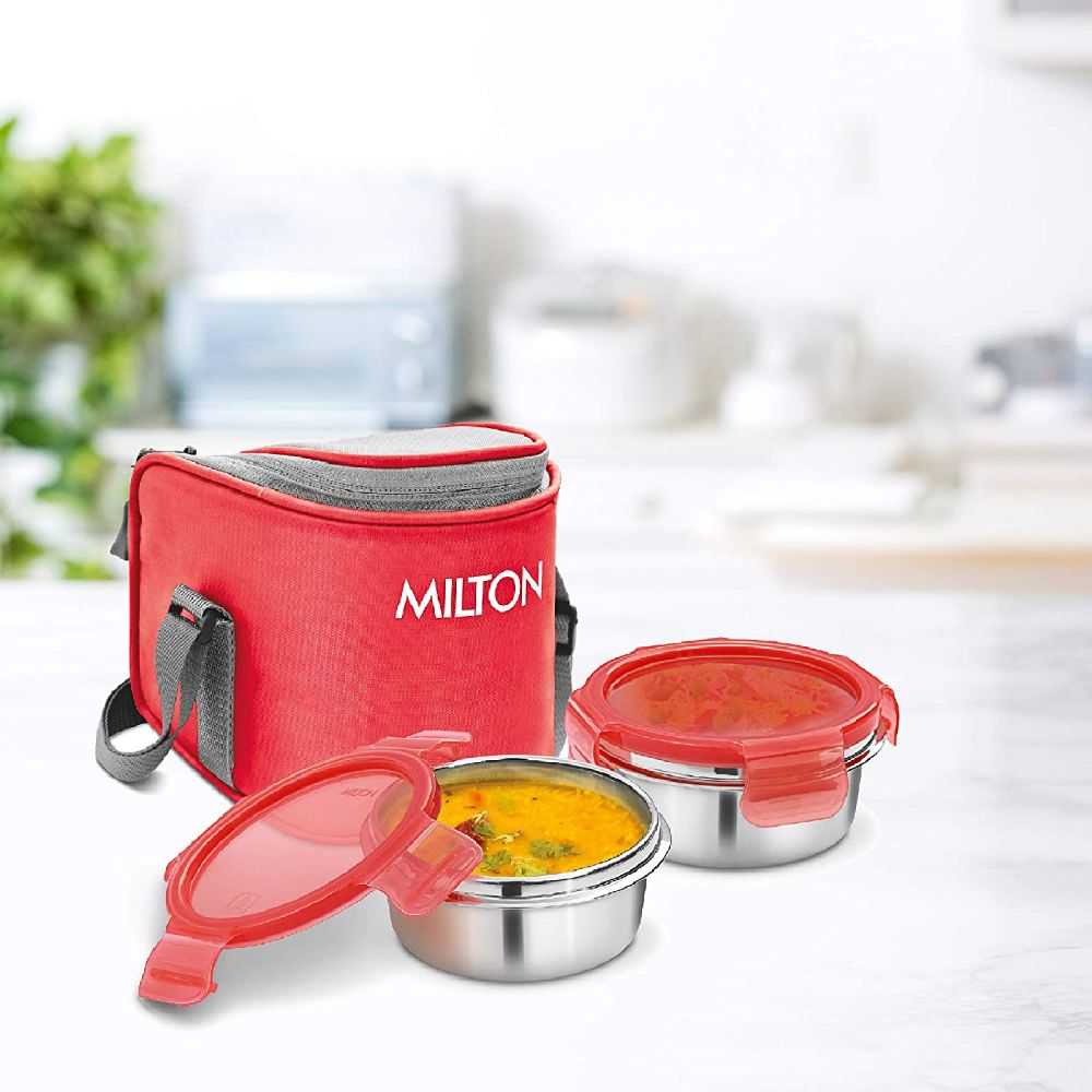 Milton Cube 2 Stainless Steel Tiffin Lunch Box with 2 Containers, 300 ml each, Red