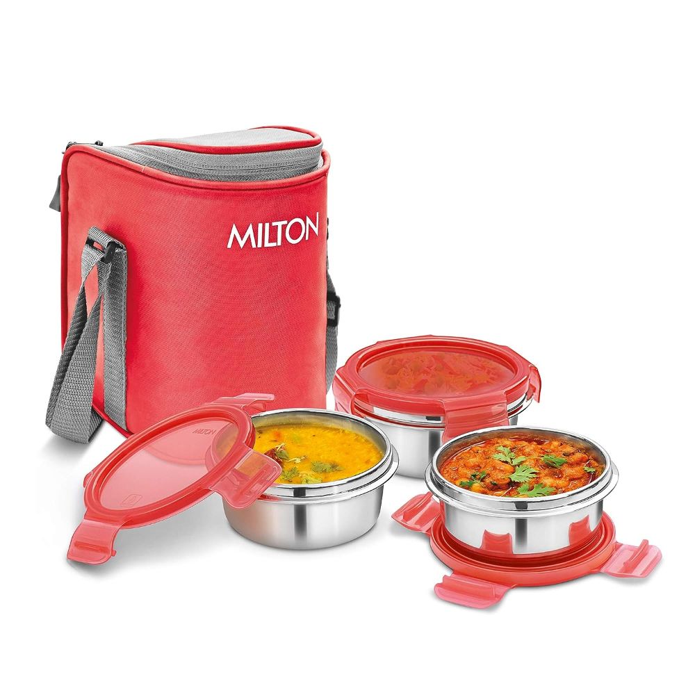 Milton Cube 3 Stainless Steel Tiffin Lunch Box, 300 ml each container, Red