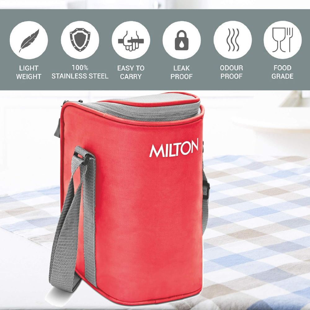 Milton Cube 4 Stainless Steel Tiffin Lunch Box, 300 ml each container, Red
