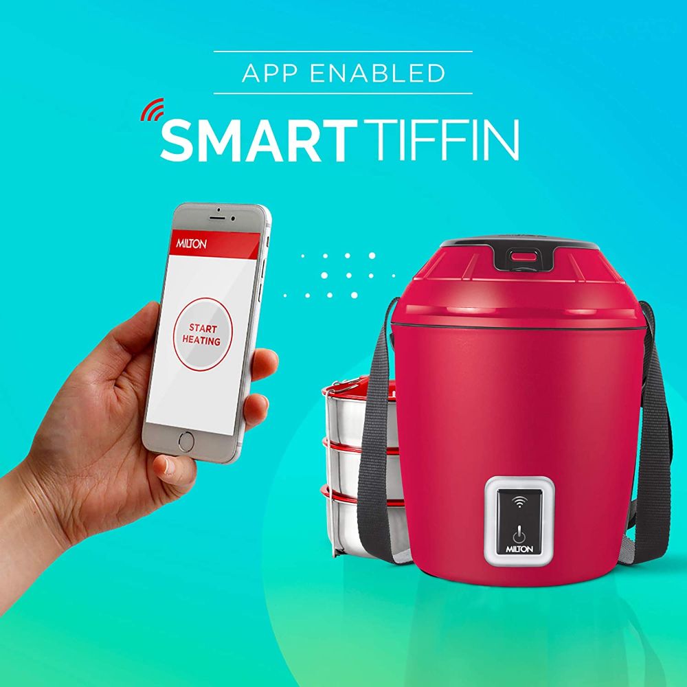 Milton Smart Electric App Enabled Tiffin Box With 3 Stainless Steel Containers, 300 ML Each, Maroon