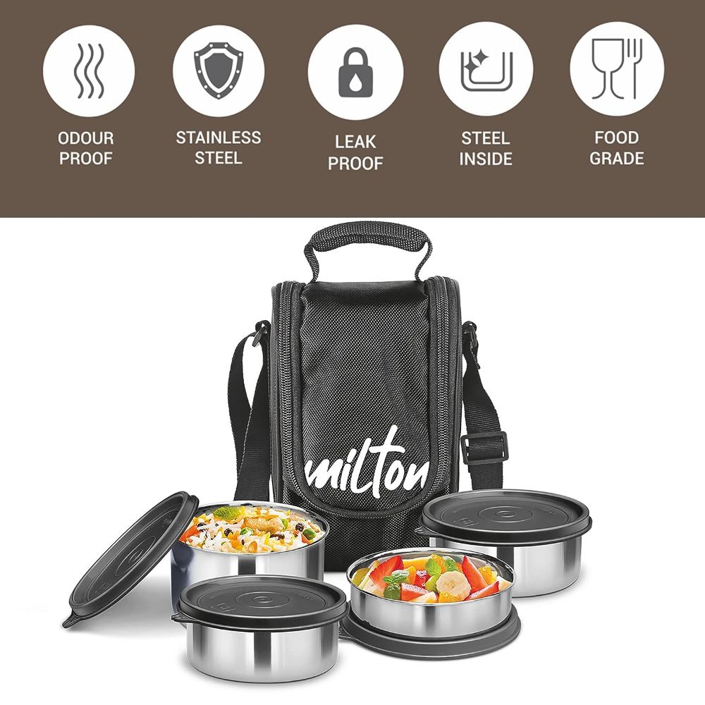 Milton TASTY LUNCH-4 Stainless Steel Lunch Pack With Bag, Black