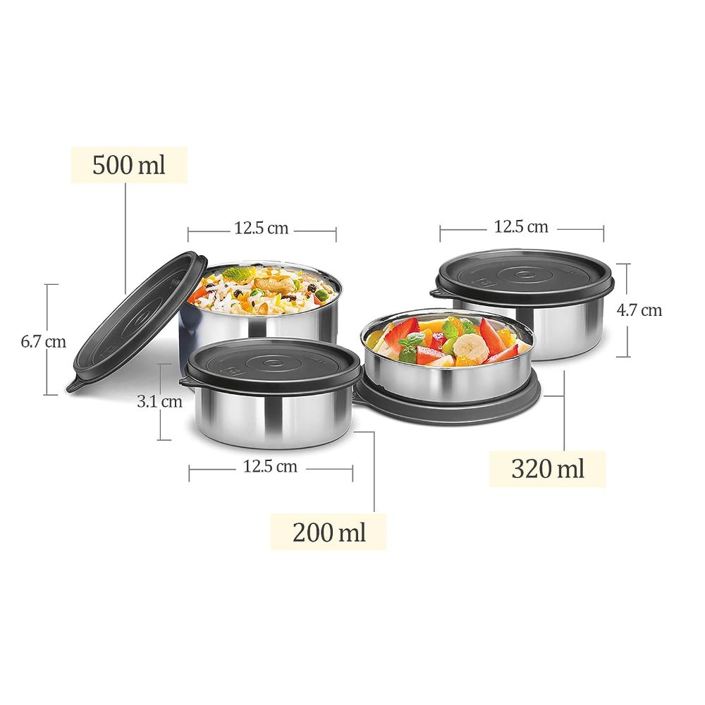 Milton TASTY LUNCH-4 Stainless Steel Lunch Pack With Bag, Black