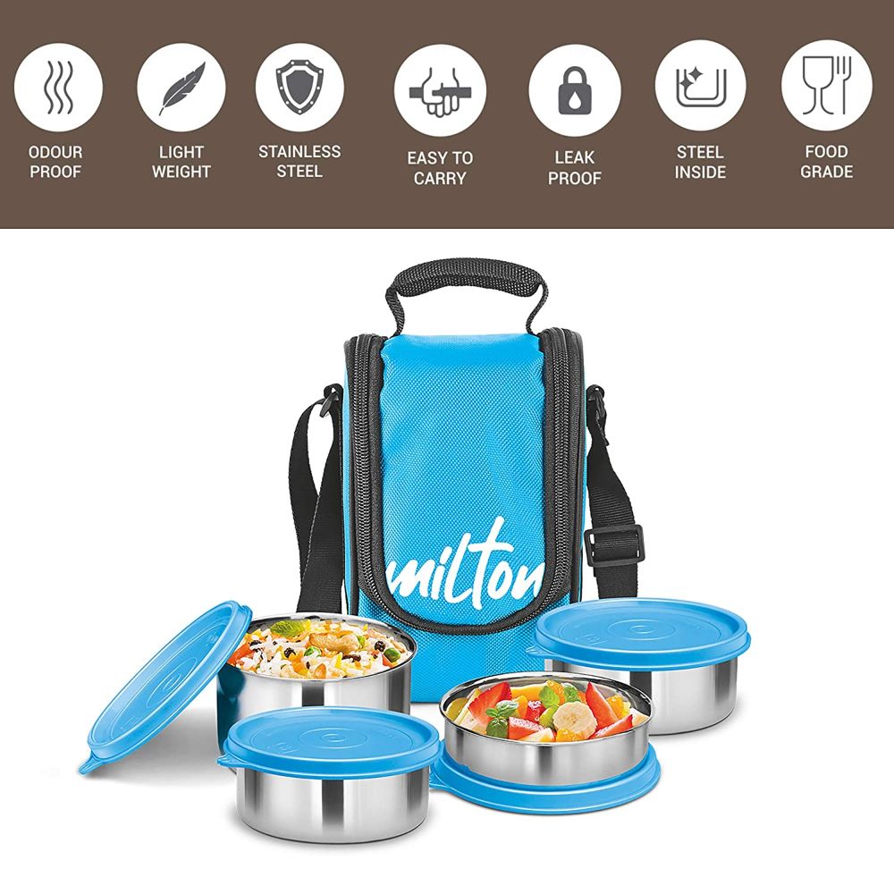 Milton TASTY LUNCH-4 Stainless Steel Lunch Pack With Bag, Cyan