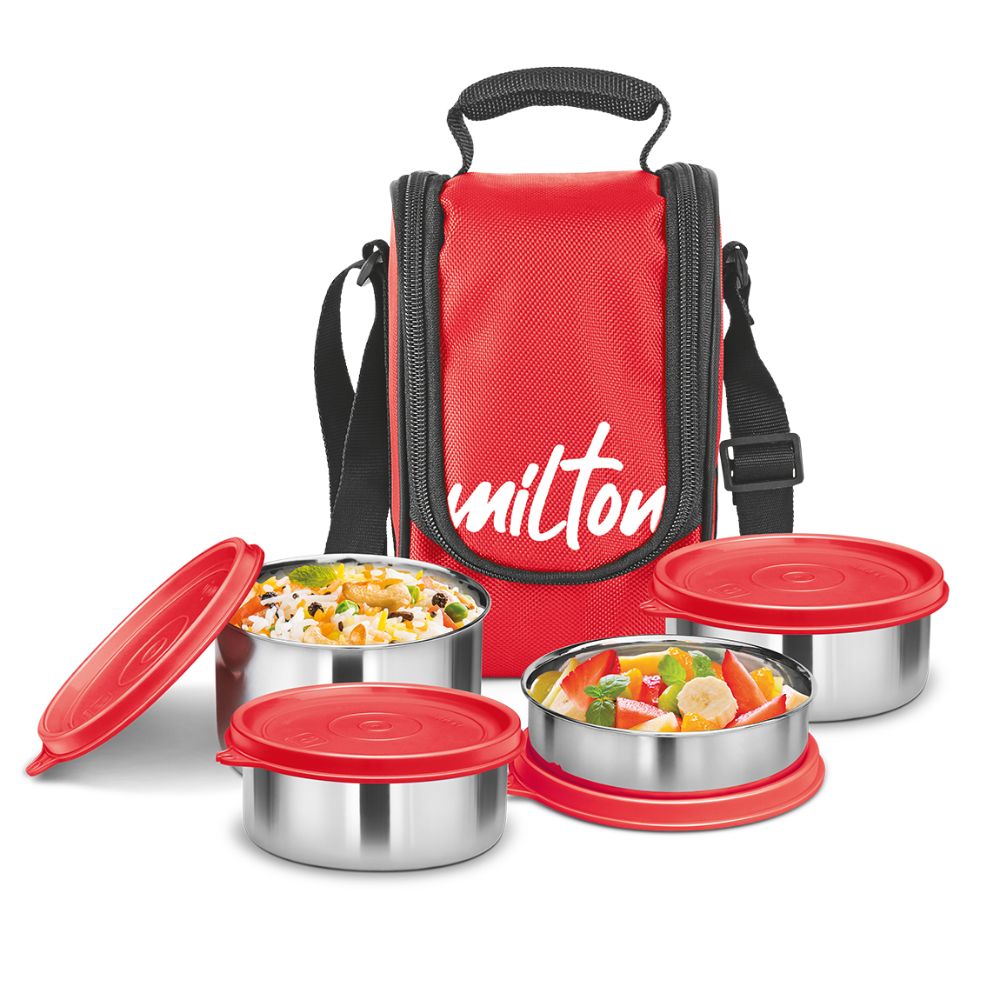 Milton TASTY LUNCH-4 Stainless Steel Lunch Pack With Bag, Red