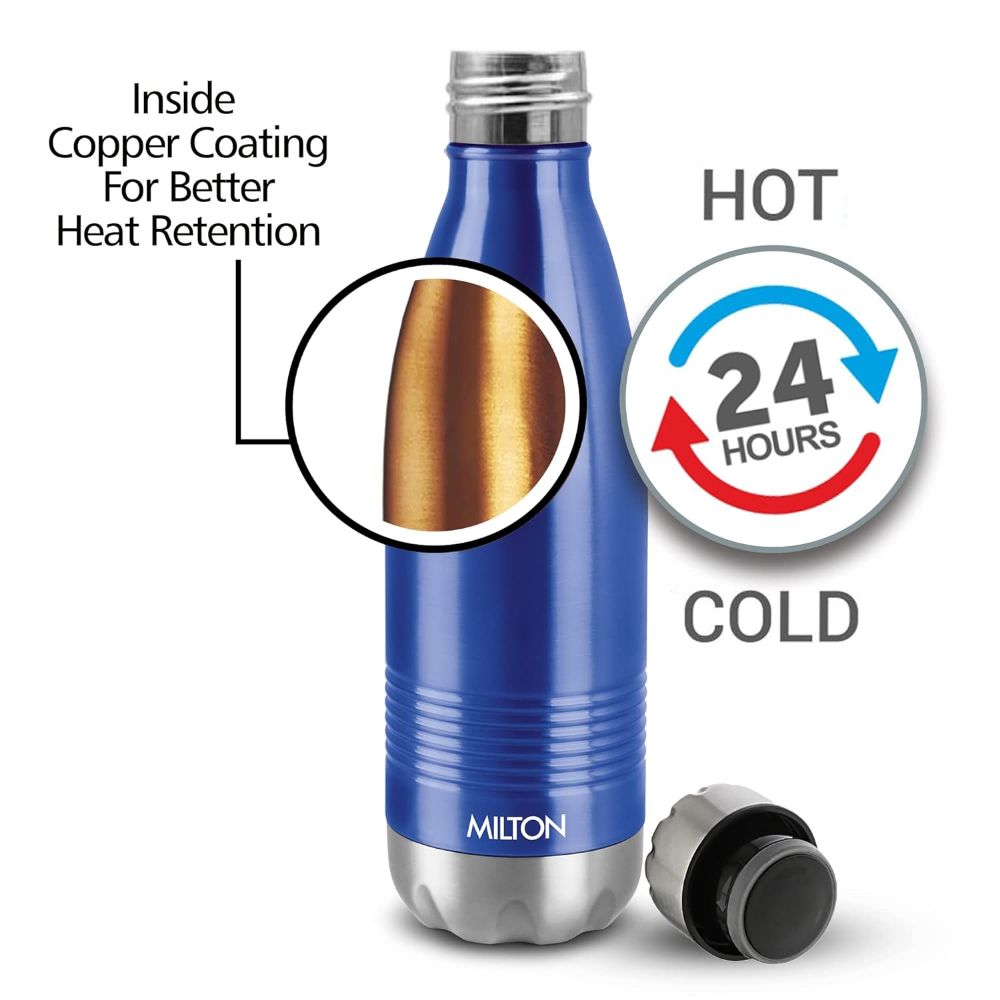 Milton Duo DLX 350 Thermosteel 24 Hours Hot and Cold Water Bottle, 1 Piece, 350 ml, Blue | Leak Proof | Office Bottle | Gym | Home | Kitchen | Hiking | Trekking | Travel Bottle