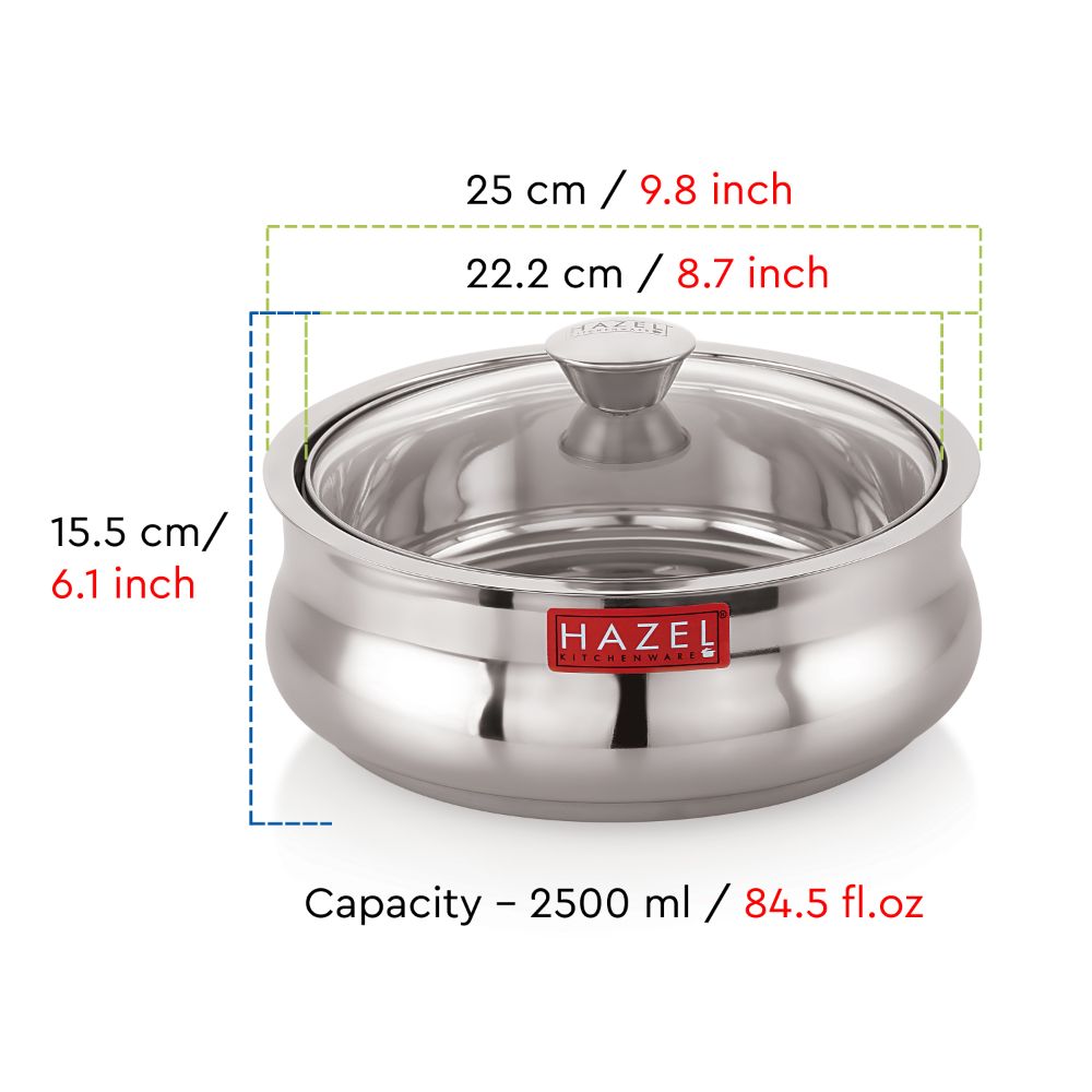 HAZEL Stainless Steel Casserole for Roti With Glass Lid | Chapati Casserole with Transparent Lid | Steel Roti Dabba for Serving | Hotcase for food serving, 2500 ML, Silver