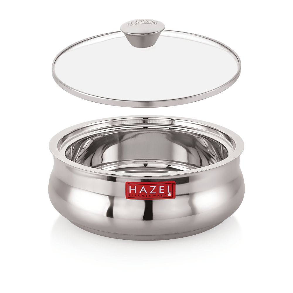 HAZEL Stainless Steel Casserole for Roti With Glass Lid | Chapati Casserole with Transparent Lid | Steel Roti Dabba for Serving | Hotcase for food serving, 2500 ML, Silver
