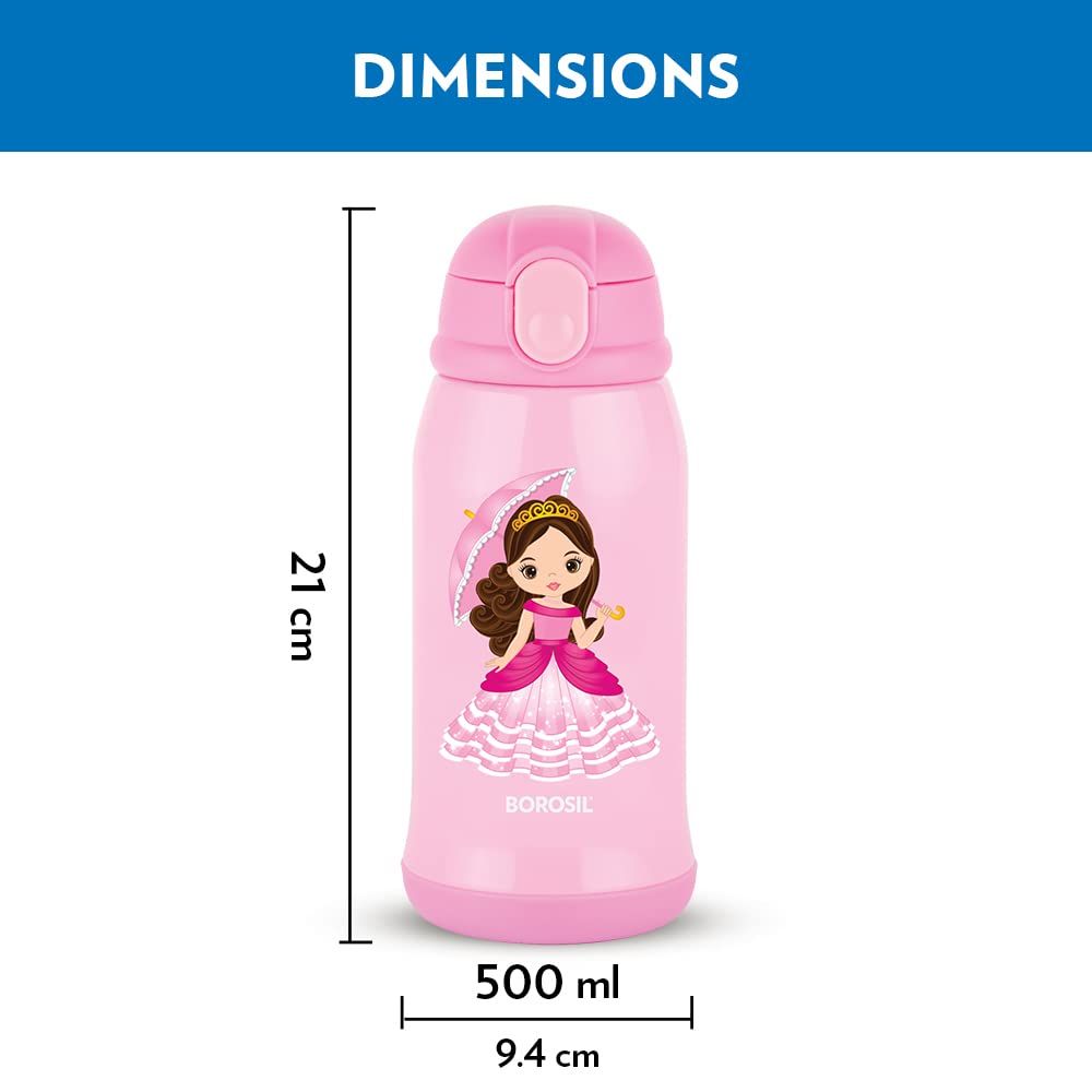 Borosil Princess Stainless Steel Water Bottle for Kids, Insulated Double Wall Vacuum, Hot & Cold Water Bottle for Children, 500 ml, Pink