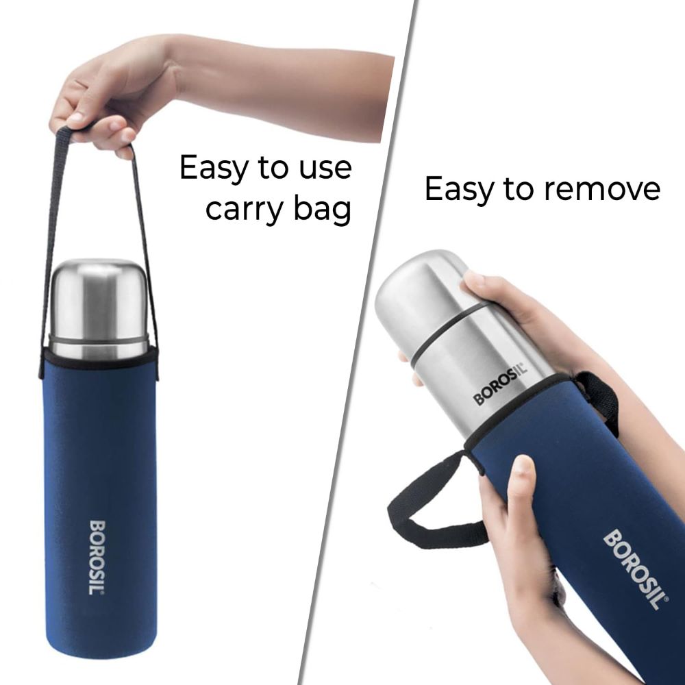 Borosil Stainless Steel Hydra Thermo Vacuum Insulated Flask Water Bottle, Blue, 1000 ml
