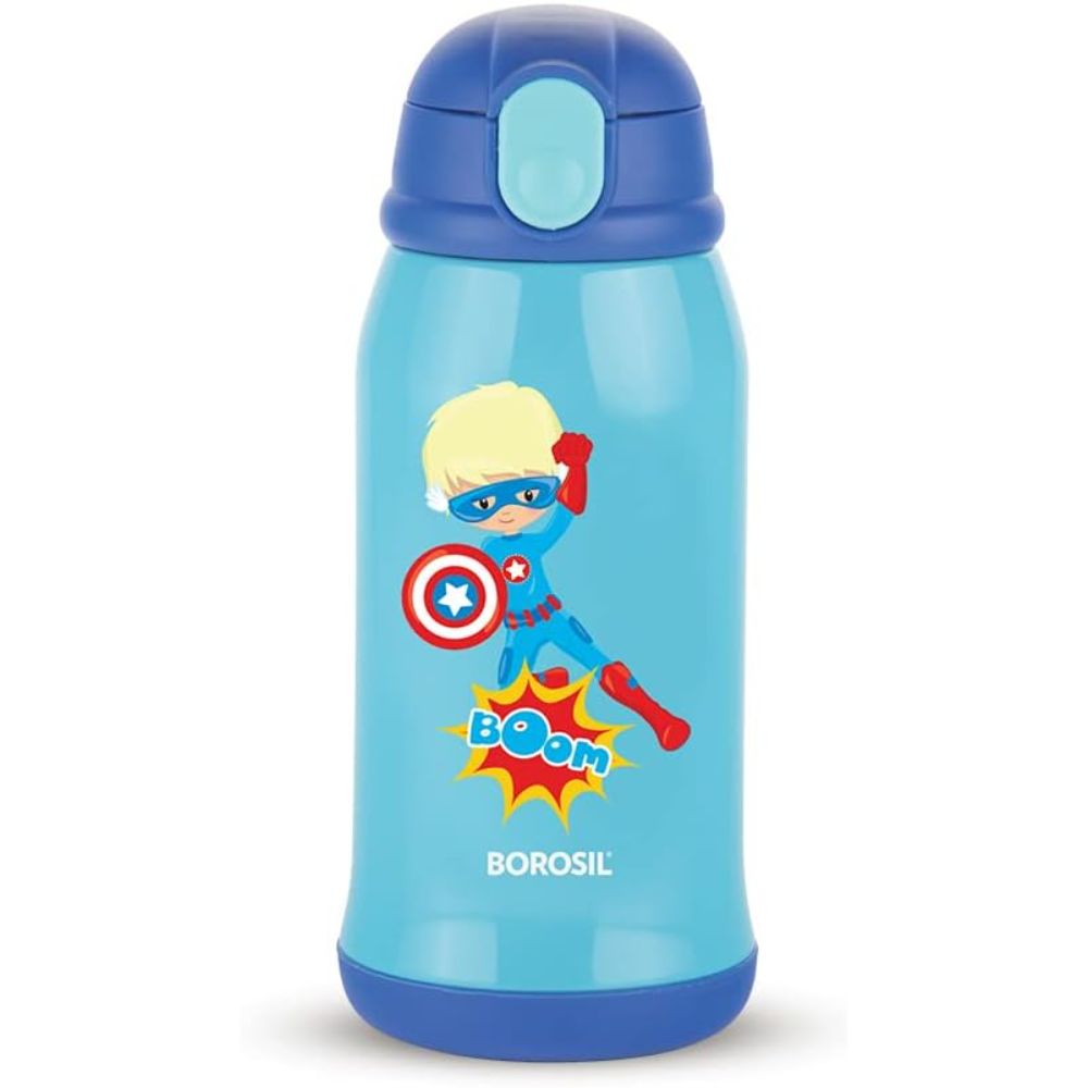Borosil Superhero Stainless Steel Water Bottle for Kids, Insulated Double Wall Vacuum, Hot & Cold Water Bottle for Children, 500 ml, Blue