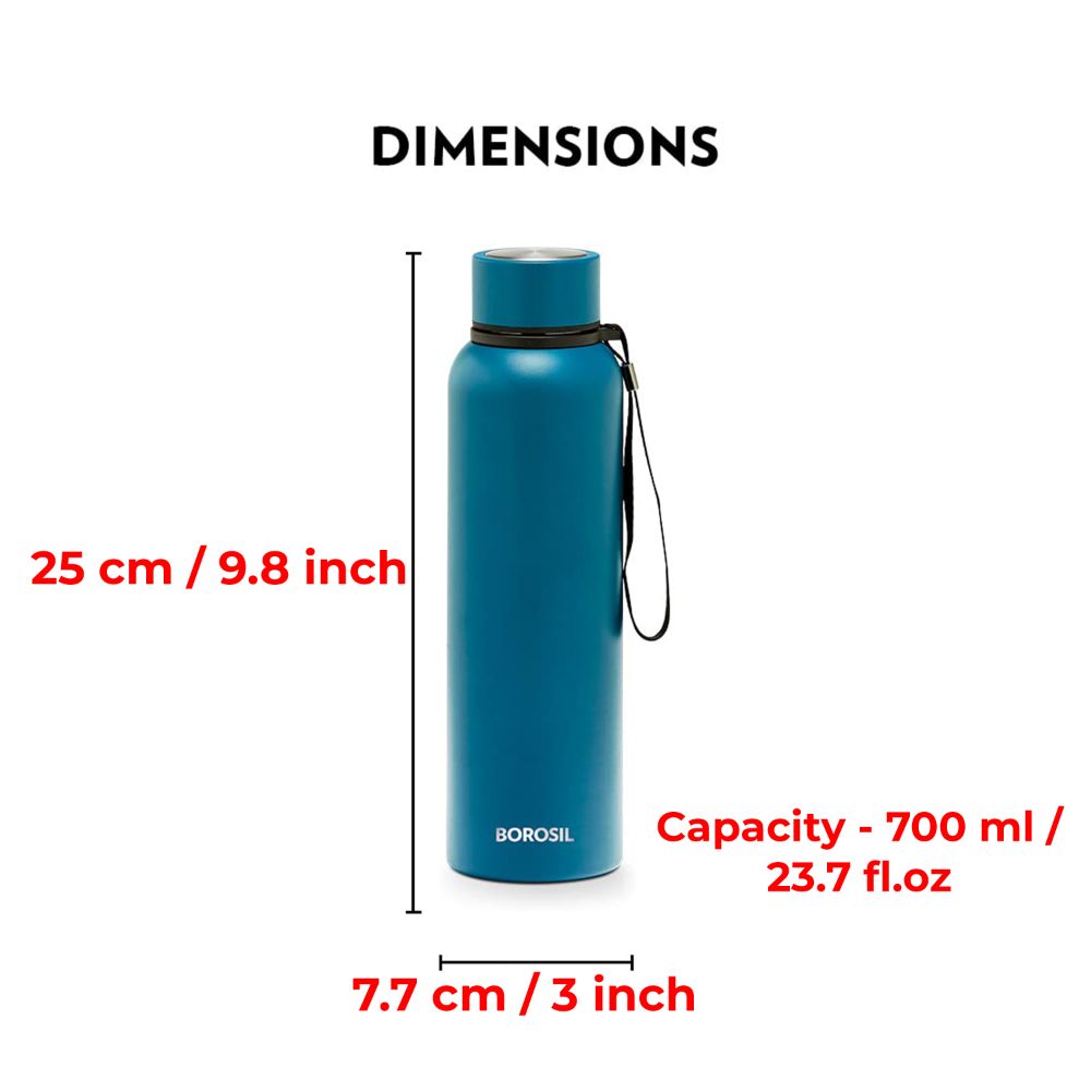 Borosil Trek Insulated Water Bottle, Stainless Steel Bottle with Double Wall Vacuum Insulation, 20 Hours Hot & 24 Hours Cold, for Everyday Use, 700 ml