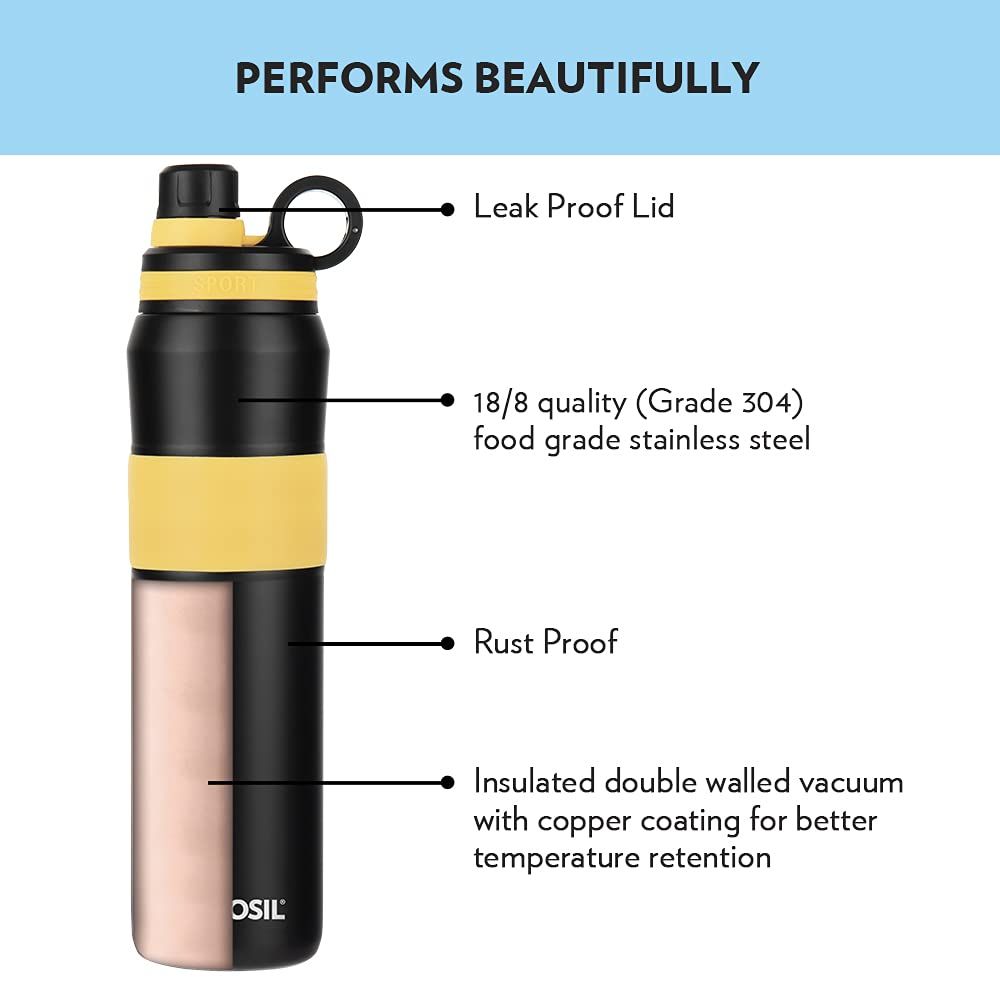 Borosil Hydra Thirst Burst Sunflower Water Bottle, Stainless Steel Water Bottles, Vacuum Insulated Flask Bottles, 800 ml, Black & Yellow