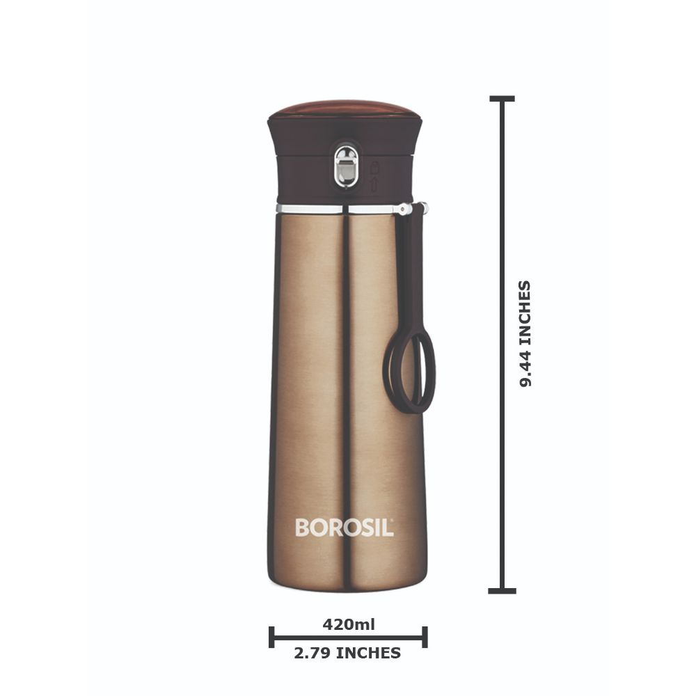 Borosil Hydra Travelease Stainless Steel Vacuum Insulated Flask Water Bottle, 420 ML, Brown