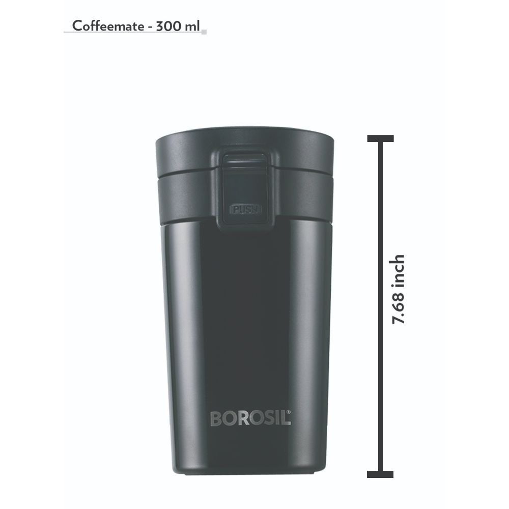 Borosil Hydra Coffeemate Stainless Steel Vacuum Insulated Hot and Cold Spill Proof Travel Mug, 300 ML
