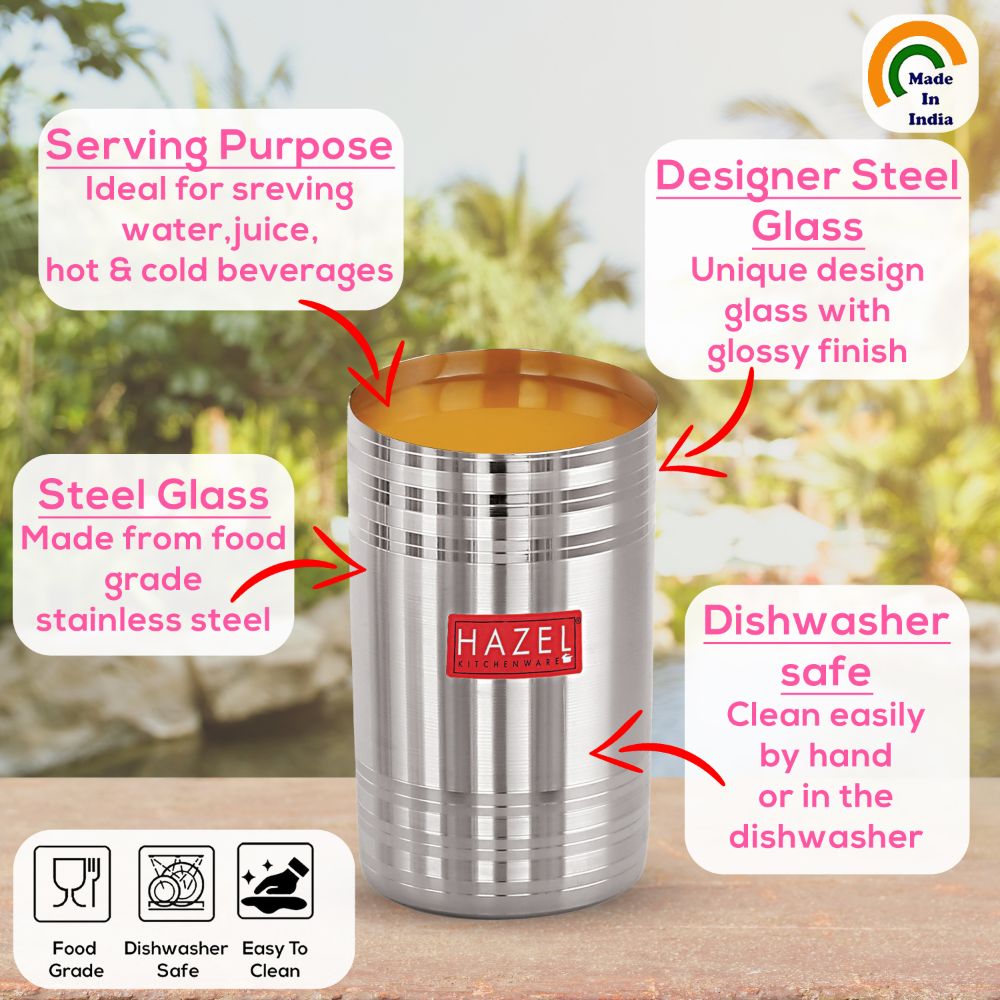 HAZEL Stainless Steel Glass for Drinking Water | Unbreakable Glass Set of 1 with Glossy Finish Design & Dishwasher Safe, 450 ML