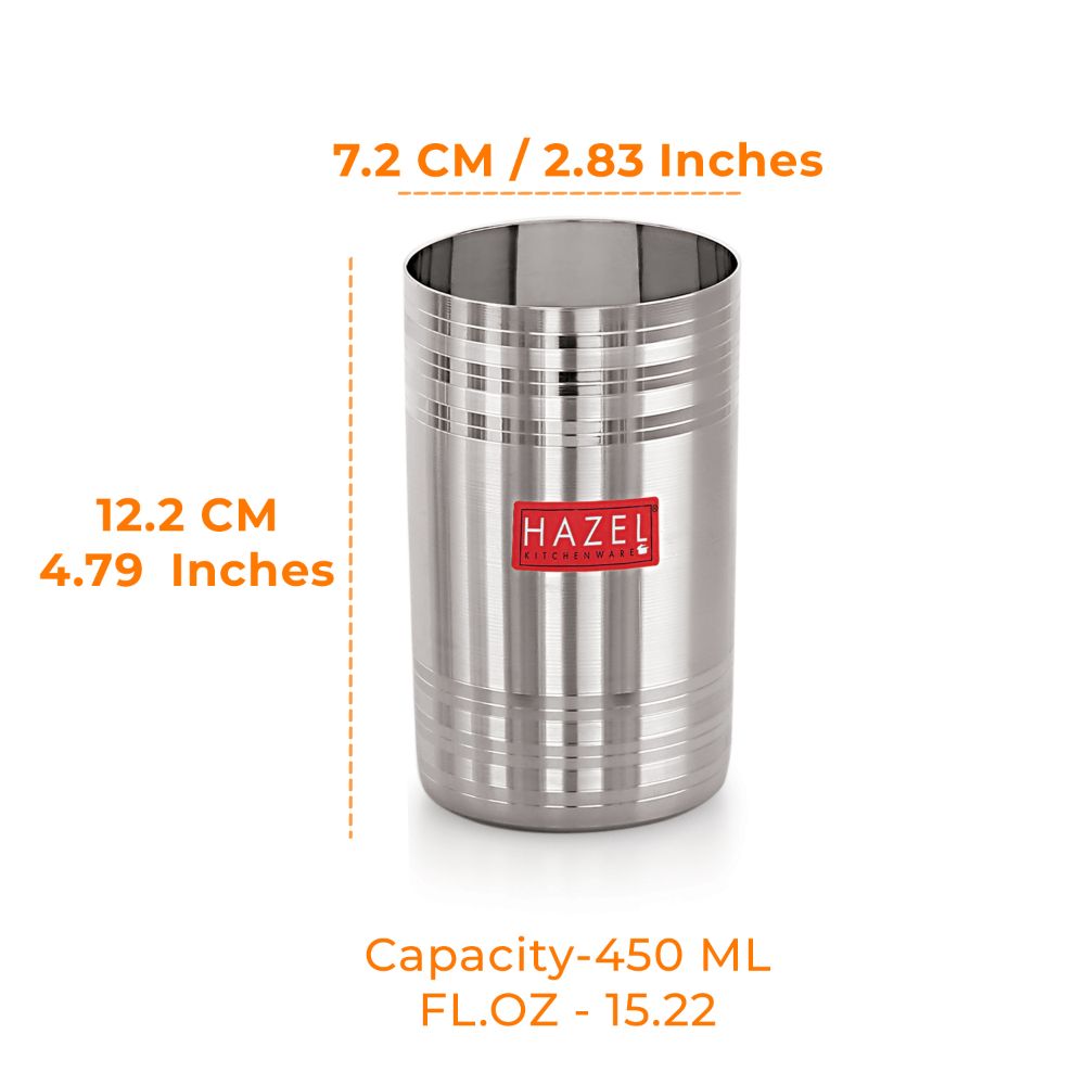 HAZEL Stainless Steel Glass for Drinking Water | Unbreakable Glass Set of 1 with Glossy Finish Design & Dishwasher Safe, 450 ML