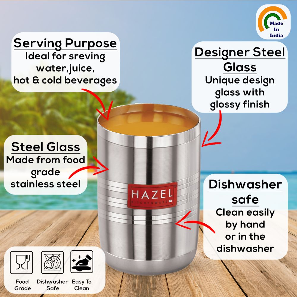 HAZEL Stainless Steel Glasses Set of 1 for Water & Juice | Unbreakable Glass Set with Glossy Finish Design & Dishwasher Safe, 350 ML