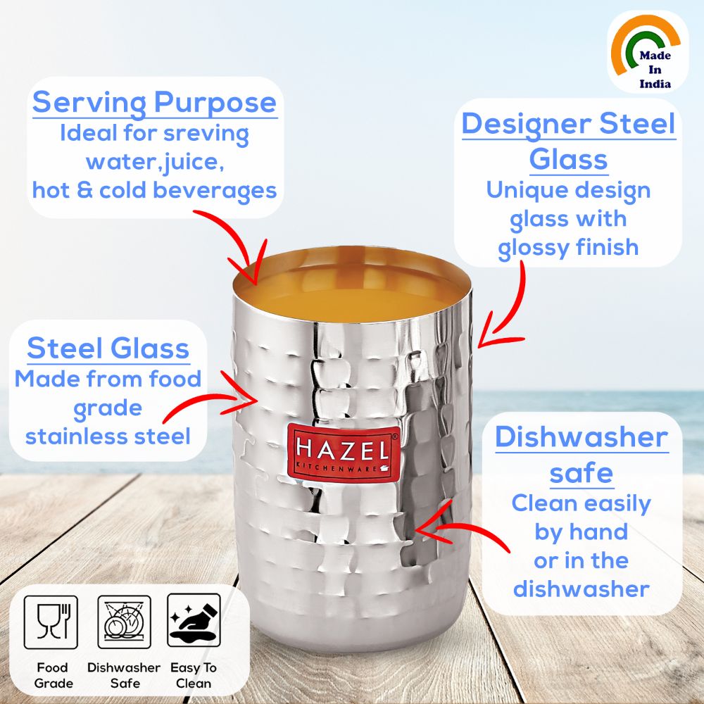 HAZEL Stainless Steel Glasses Set of 1 for Water & Juice | Hammered Finish Design Unbreakable Glass Set with Glossy Finish Design & Dishwasher Safe, 350 ML