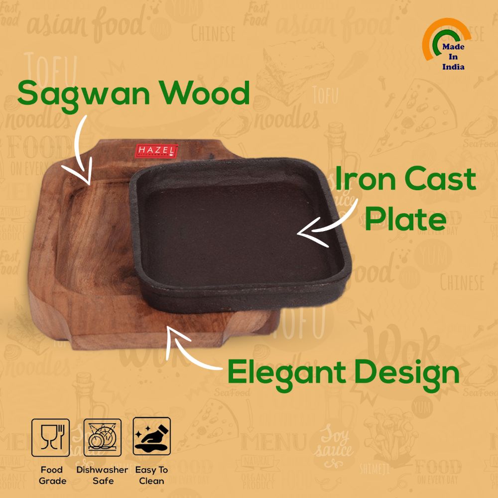 HAZEL Sizzling Brownie Plate / Tray With Wooden Base Square 5 Inch