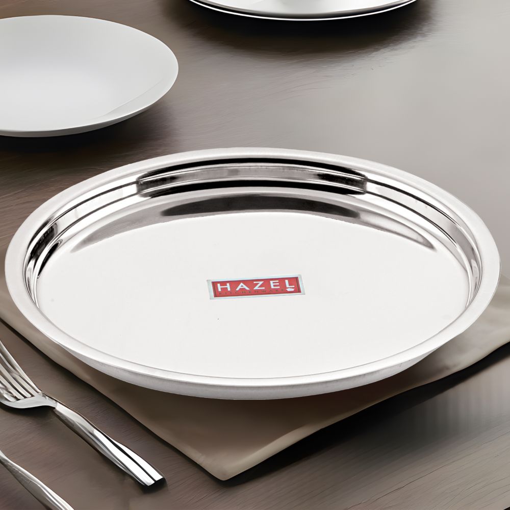 HAZEL Stainless Steel Plates Set | Premium Mirror Finish Thali Set Stainless Steel | Heavy Gauge Steel Plates Set For Dinner & Lunch Set of 1, 23 cm