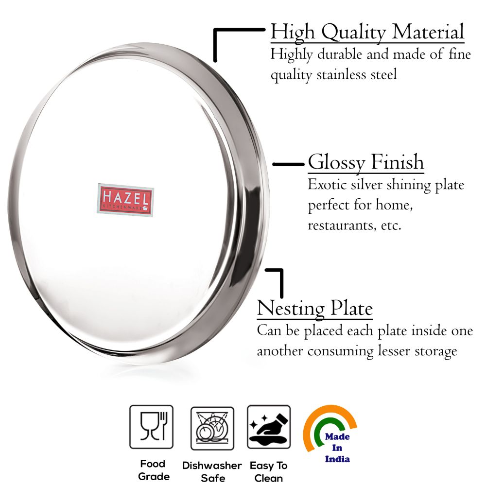 HAZEL Stainless Steel Plates Set | Premium Mirror Finish Thali Set Stainless Steel | Heavy Gauge Steel Plates Set For Dinner & Lunch Set of 1, 28 cm