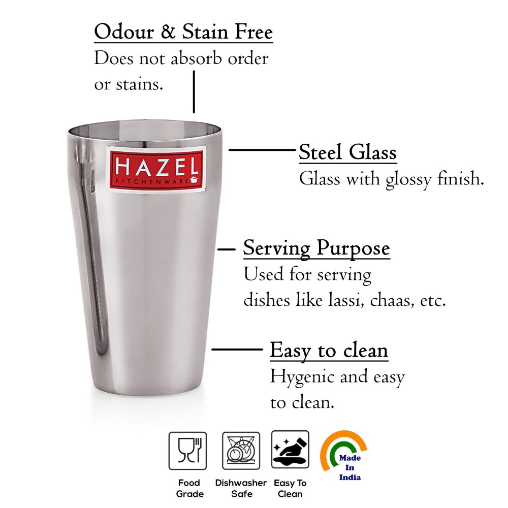 HAZEL Stainless Steel Plain Traditional Jumbo Water Lassi Glass, 750 ML