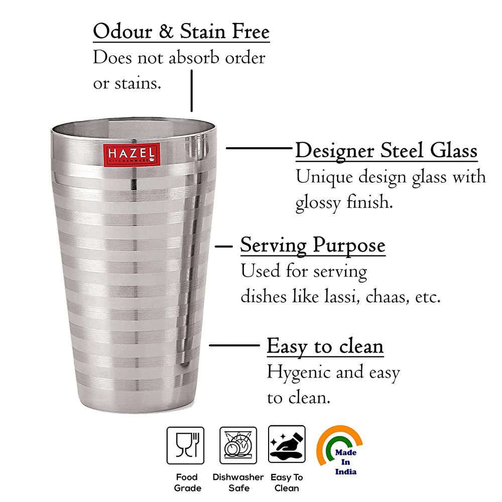 HAZEL Stainless Steel Stripped Design Traditional Shape Jumbo Water Lassi Glass, 750 ML