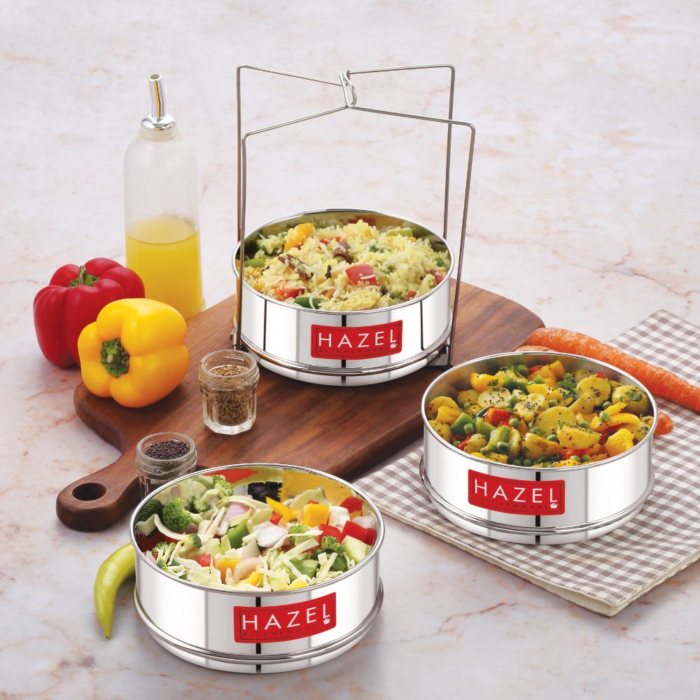 HAZEL Cooker Container with Holder | Dal Chawal Container for Cooker | Flat Cooker Dabba Separator for 8 Litre | Set of 3 Containers, Dia : 16.5 x Height : 6.5 cm