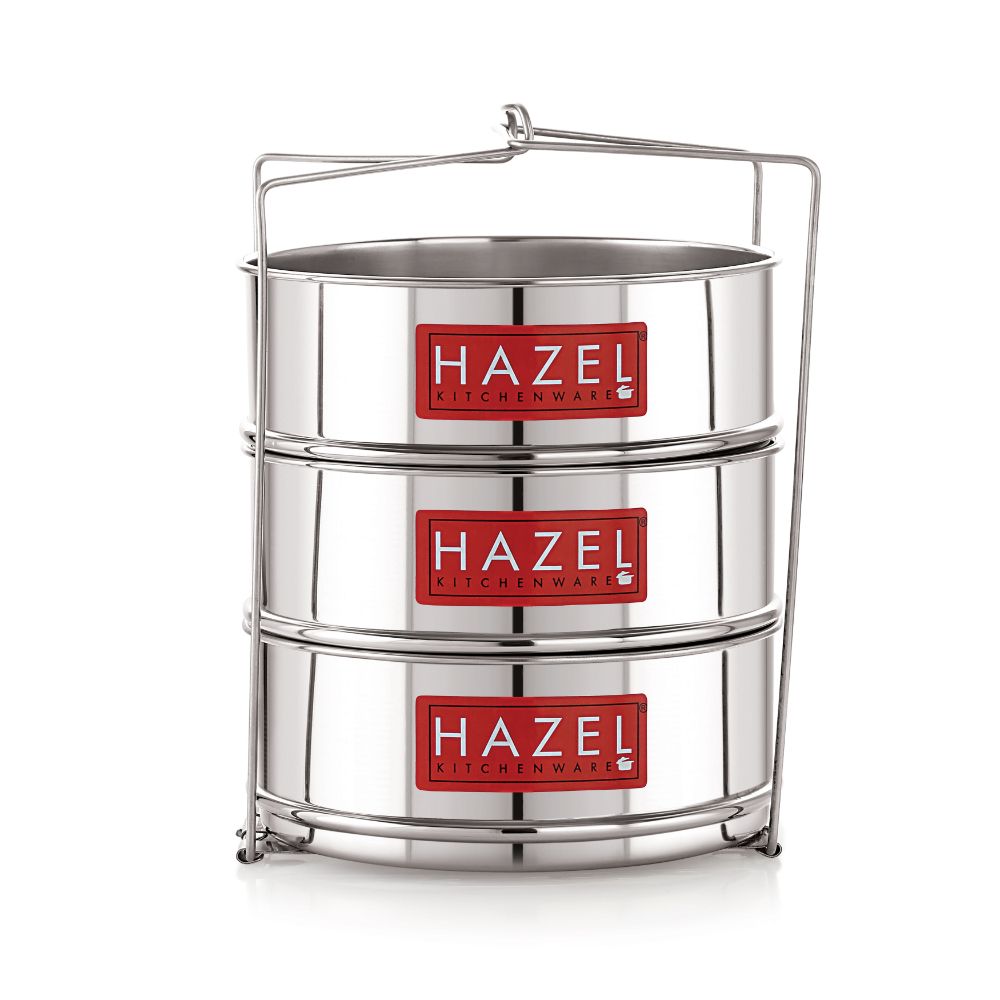 HAZEL Cooker Container with Holder | Dal Chawal Container for Cooker | Flat Cooker Dabba Separator for 8 Litre | Set of 3 Containers, Dia : 16.5 x Height : 6.5 cm