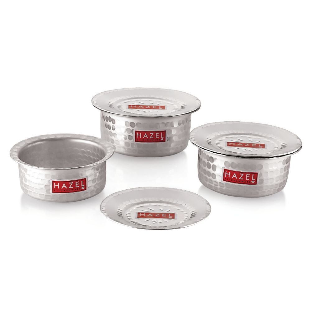 HAZEL Aluminium Hammered Tope Set with Lid I Patila Set of 3, 900 ML, 1.2L, 1.5L | Food-Grade Aluminium Kitchen Utensils for Traditional Indian Cooking I Utensils Set for Kitchen