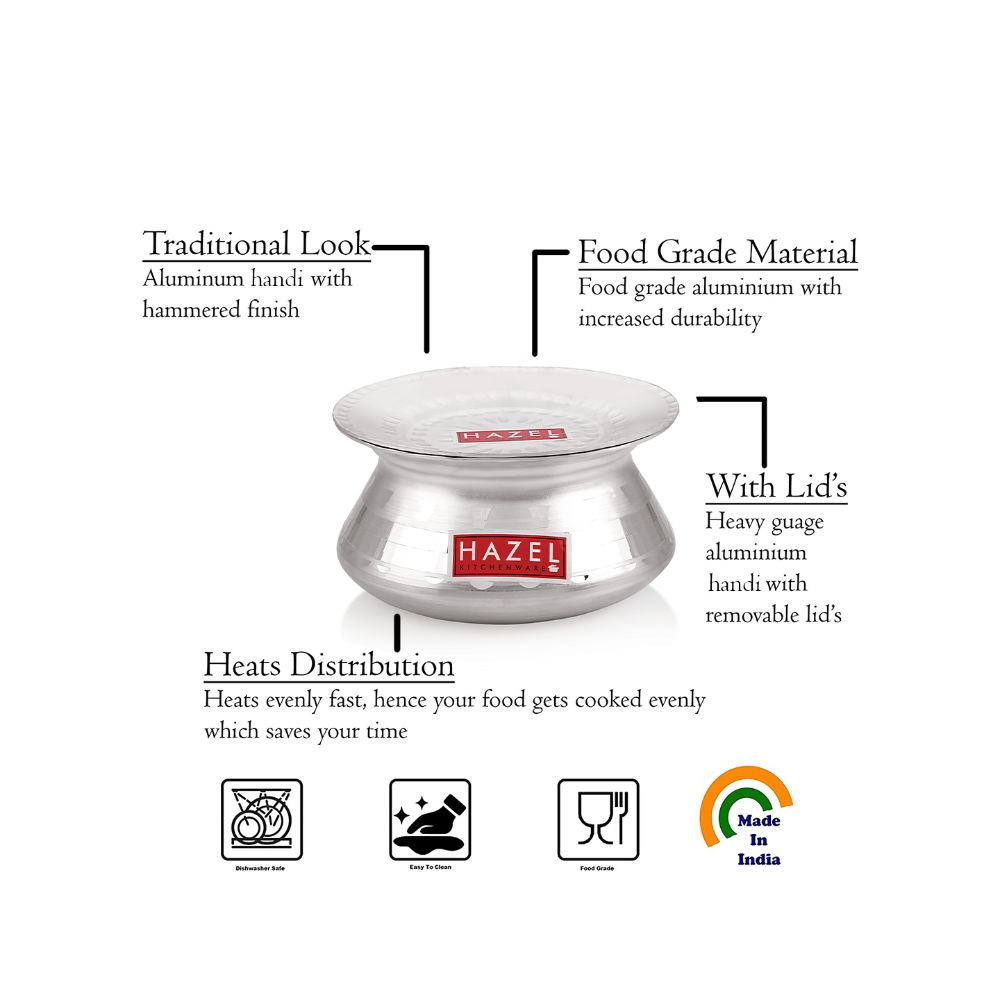 HAZEL Aluminium Handi with Lid Machine Hammered Finish Biryani Rice Cooking Pot Dhari Patiya Tope Patila Vessel, 17 cm, 1200 ML
